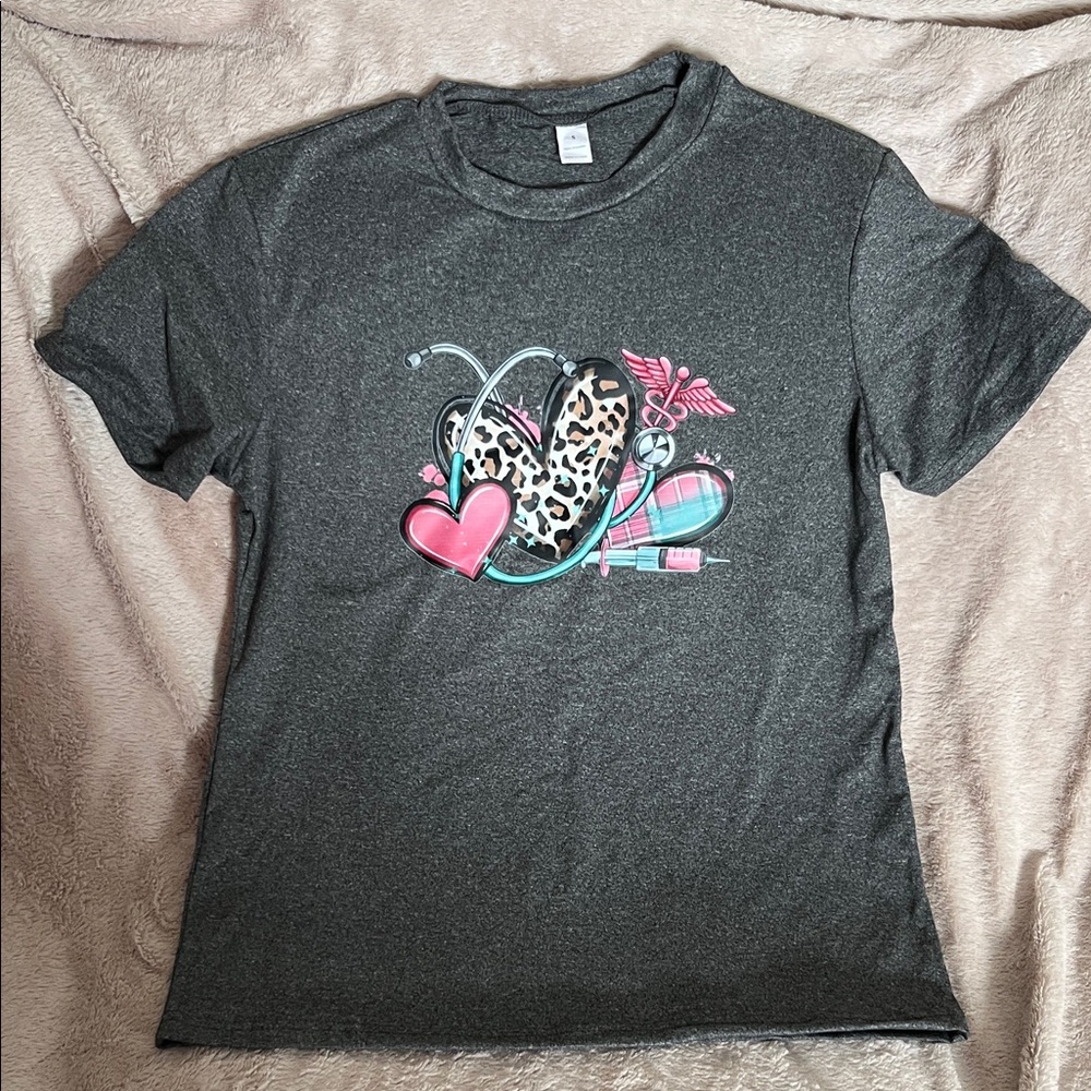 Charcoal Graphic Tee with Heart and Butterfly Design
